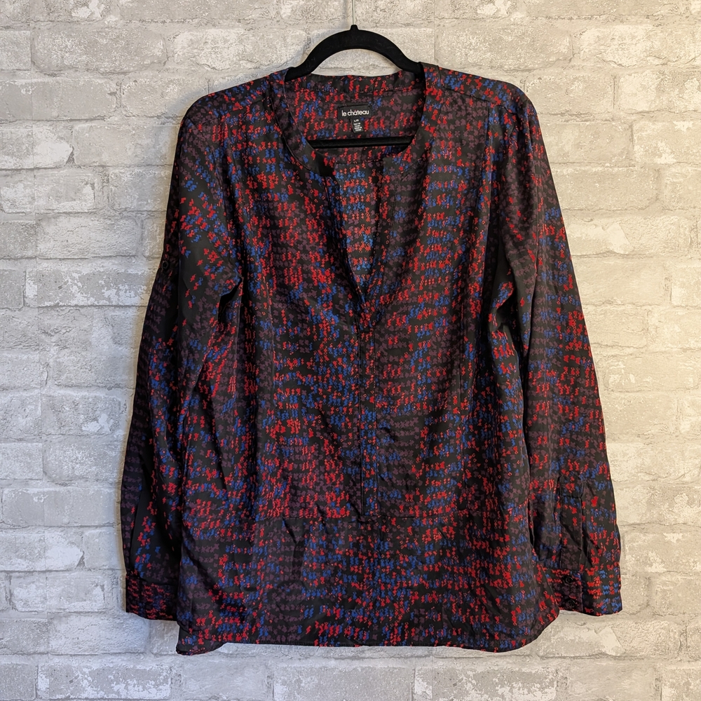 Le Chateau Black Blouse with Red and Blue Accents